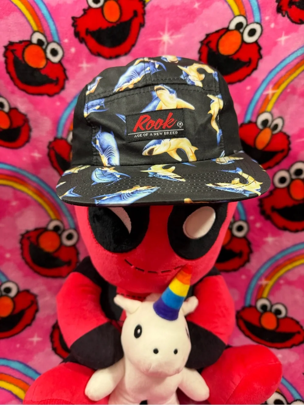 Rook Shark Print 5 Panel Strapback Hat Black Blue Snapback Streetwear Surf Skate